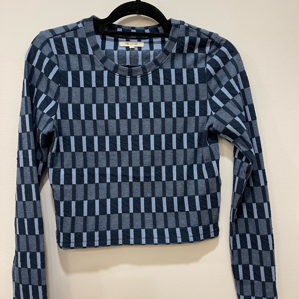 Madewell Blue checker Ribbed Supercrop Crewneck Long-Sleeve Tee